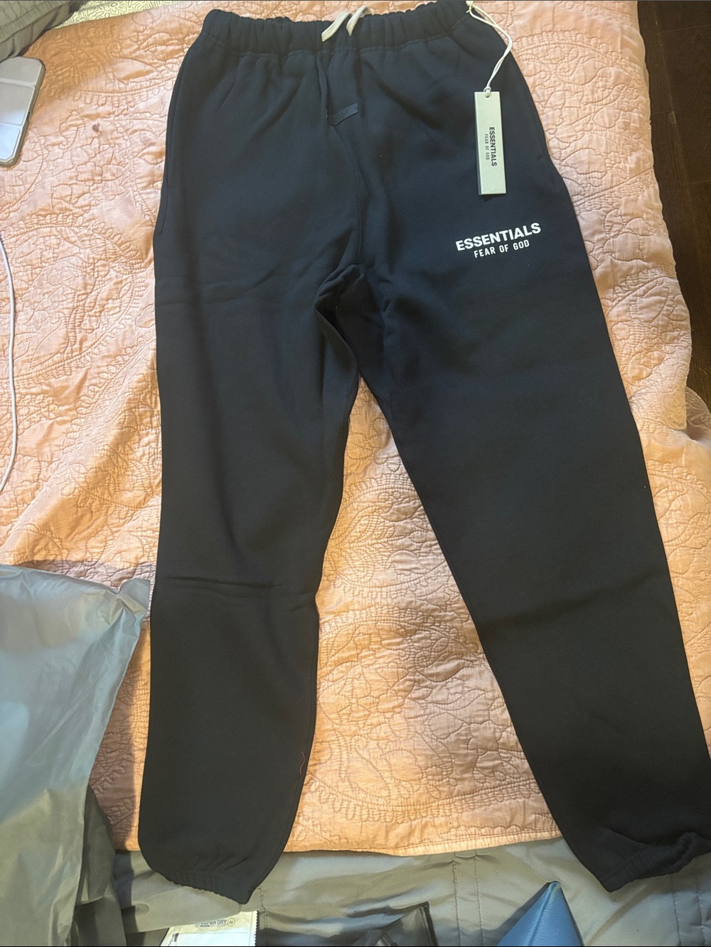 Fear of God Essentials Black Joggers with White Logo